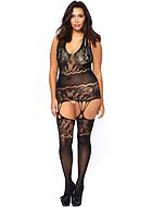 Elegant bodystocking, floral lace, sleeveless, slashes, plus size